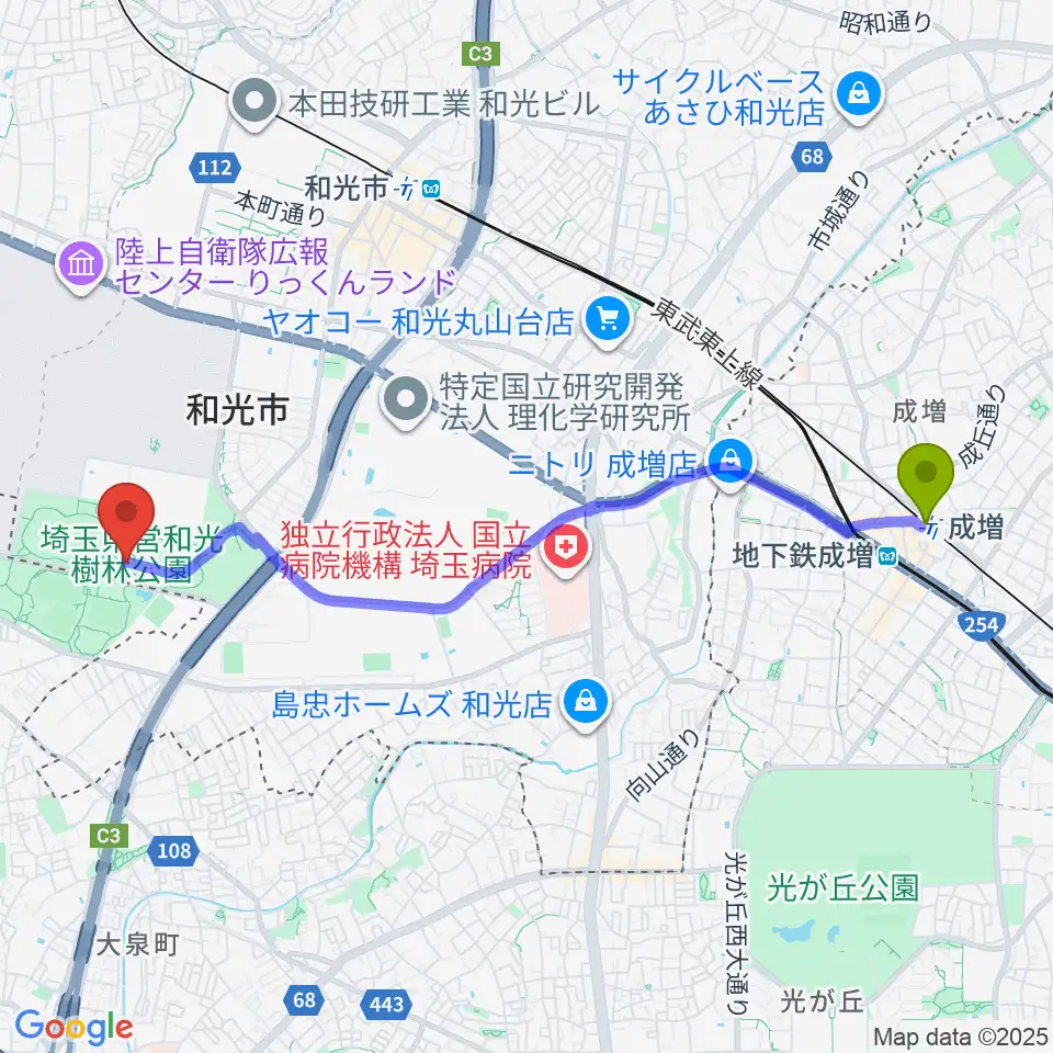 成増駅から和光市総合体育館へのルートマップ地図