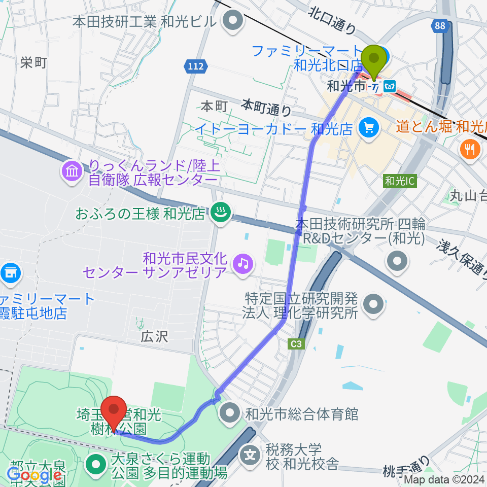 和光市総合体育館の最寄駅和光市駅からの徒歩ルート（約28分）地図