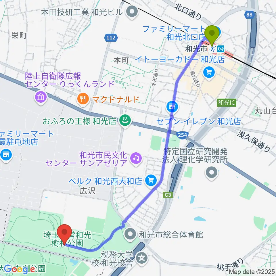 和光市総合体育館の最寄駅和光市駅からの徒歩ルート（約28分）地図