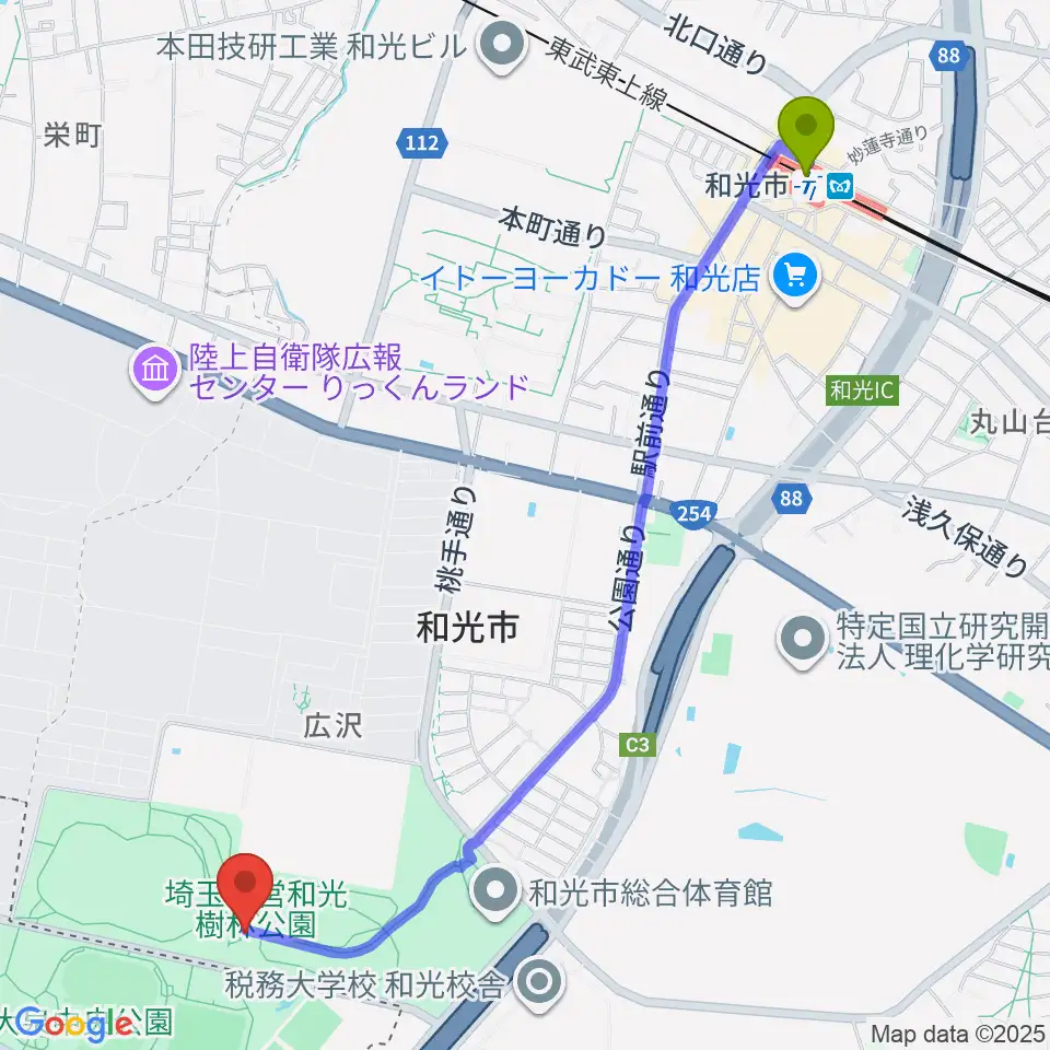 和光市総合体育館の最寄駅和光市駅からの徒歩ルート（約28分）地図