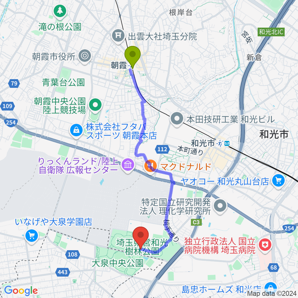 朝霞駅から和光市総合体育館へのルートマップ地図