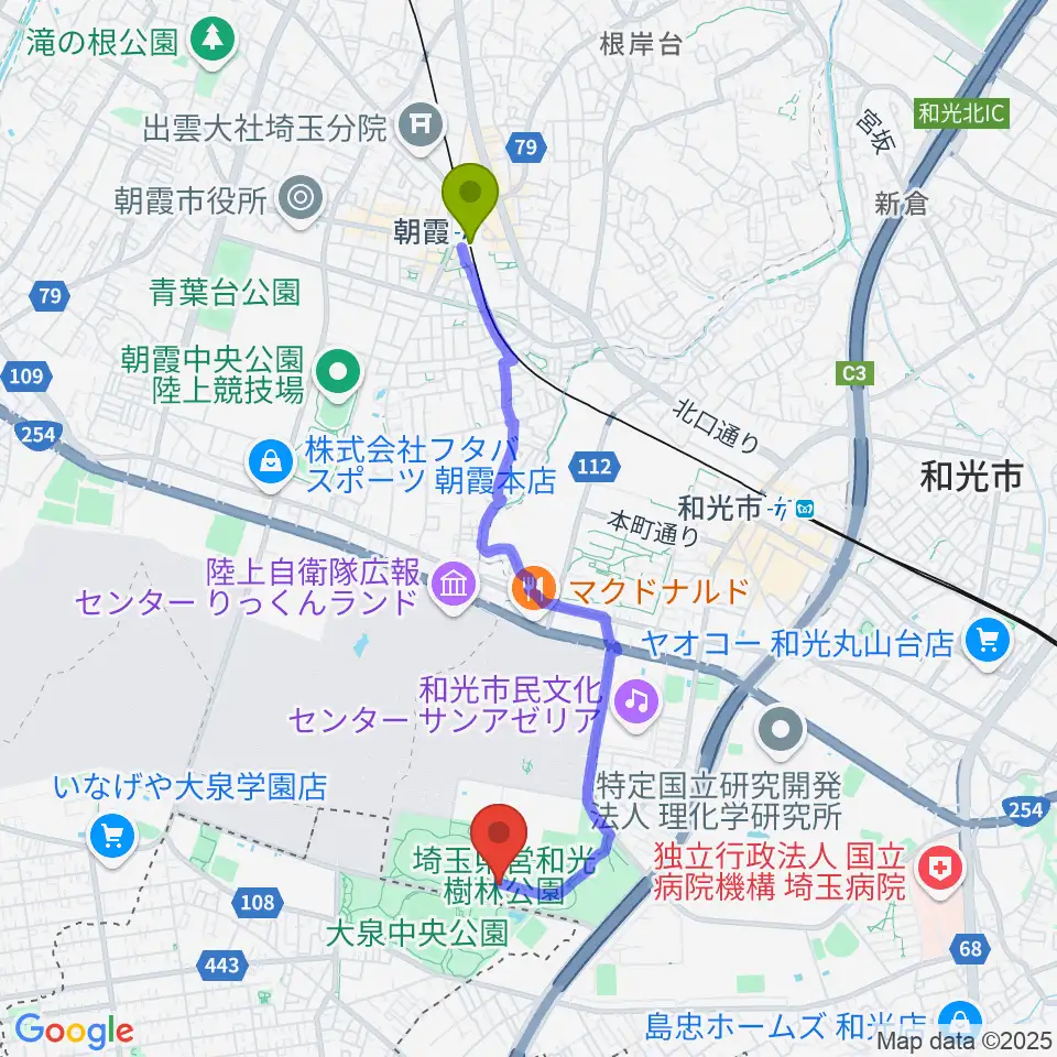 朝霞駅から和光市総合体育館へのルートマップ地図