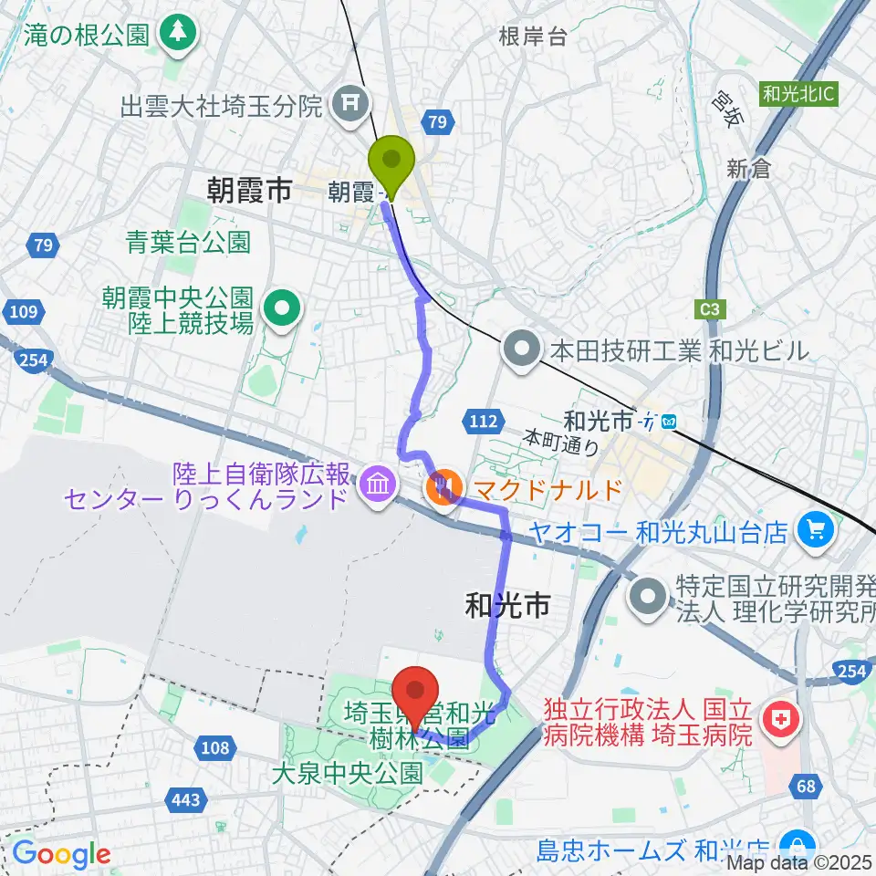 朝霞駅から和光市総合体育館へのルートマップ地図