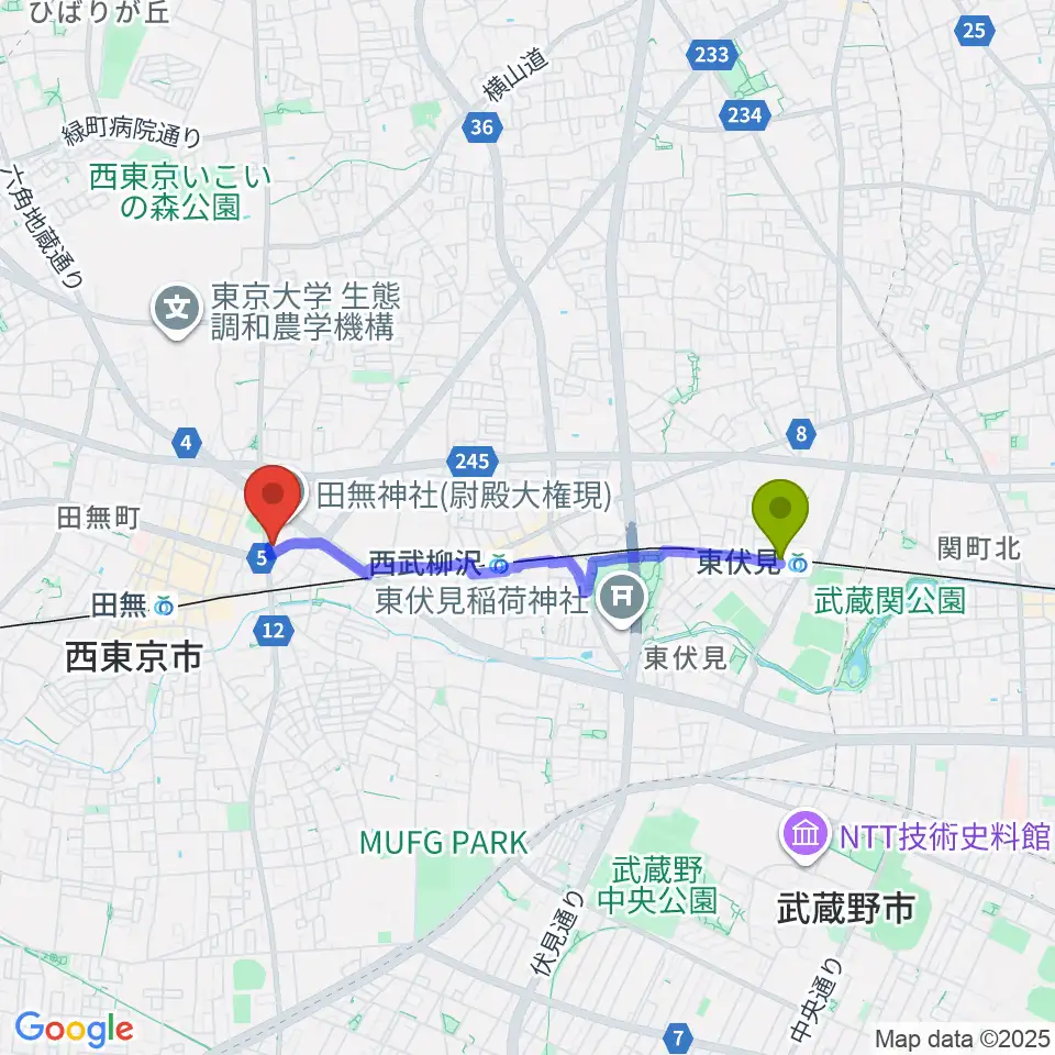 東伏見駅からJ:COMコール田無へのルートマップ地図