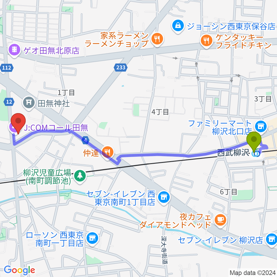 西武柳沢駅からJ:COMコール田無へのルートマップ地図