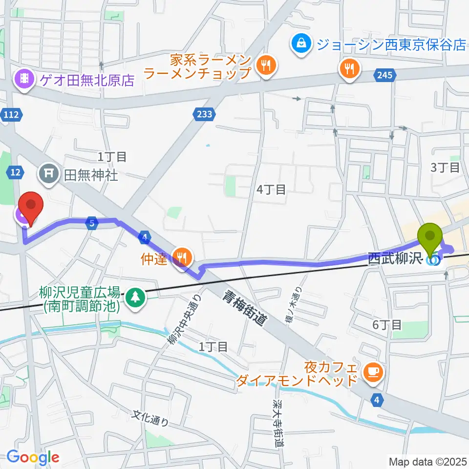 西武柳沢駅からJ:COMコール田無へのルートマップ地図