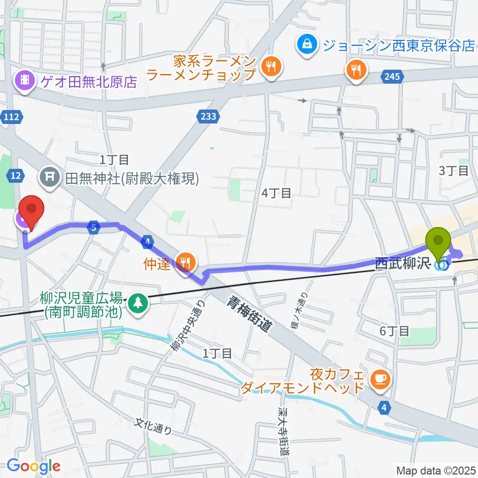 西武柳沢駅からJ:COMコール田無へのルートマップ地図