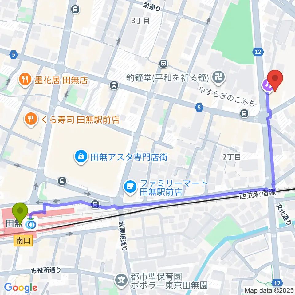 J:COMコール田無の最寄駅田無駅からの徒歩ルート（約8分）地図