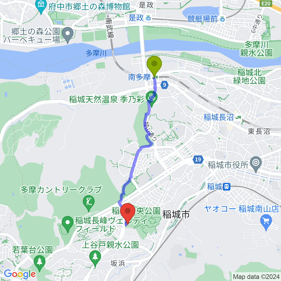 南多摩駅から稲城市総合体育館へのルートマップ地図