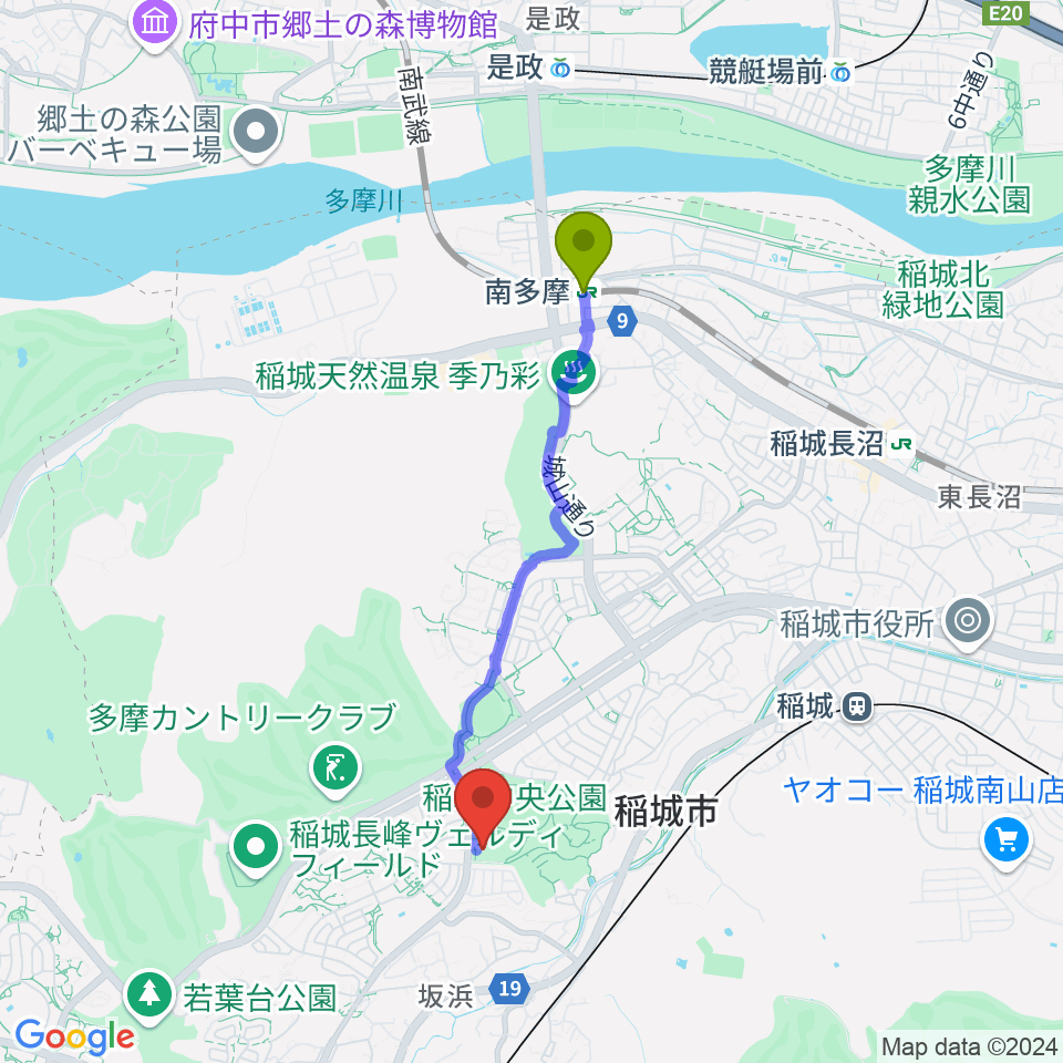 南多摩駅から稲城市総合体育館へのルートマップ地図