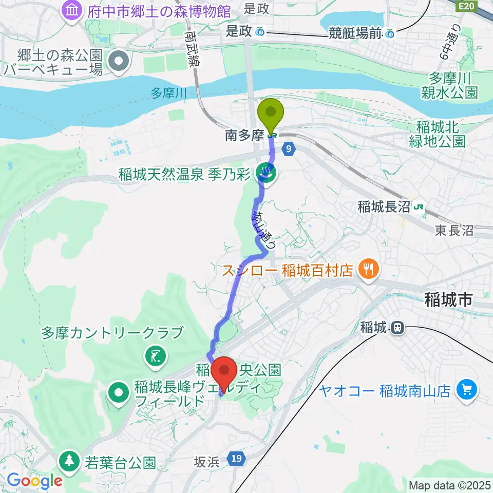 南多摩駅から野村不動産いなぎアリーナへのルートマップ地図