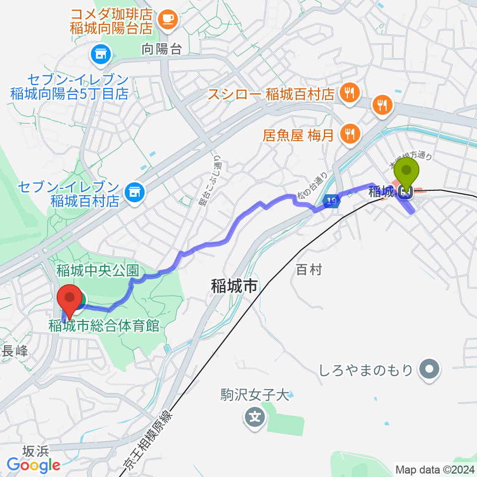 稲城市総合体育館の最寄駅稲城駅からの徒歩ルート（約23分）地図