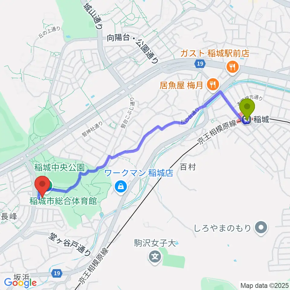 野村不動産いなぎアリーナの最寄駅稲城駅からの徒歩ルート（約23分）地図
