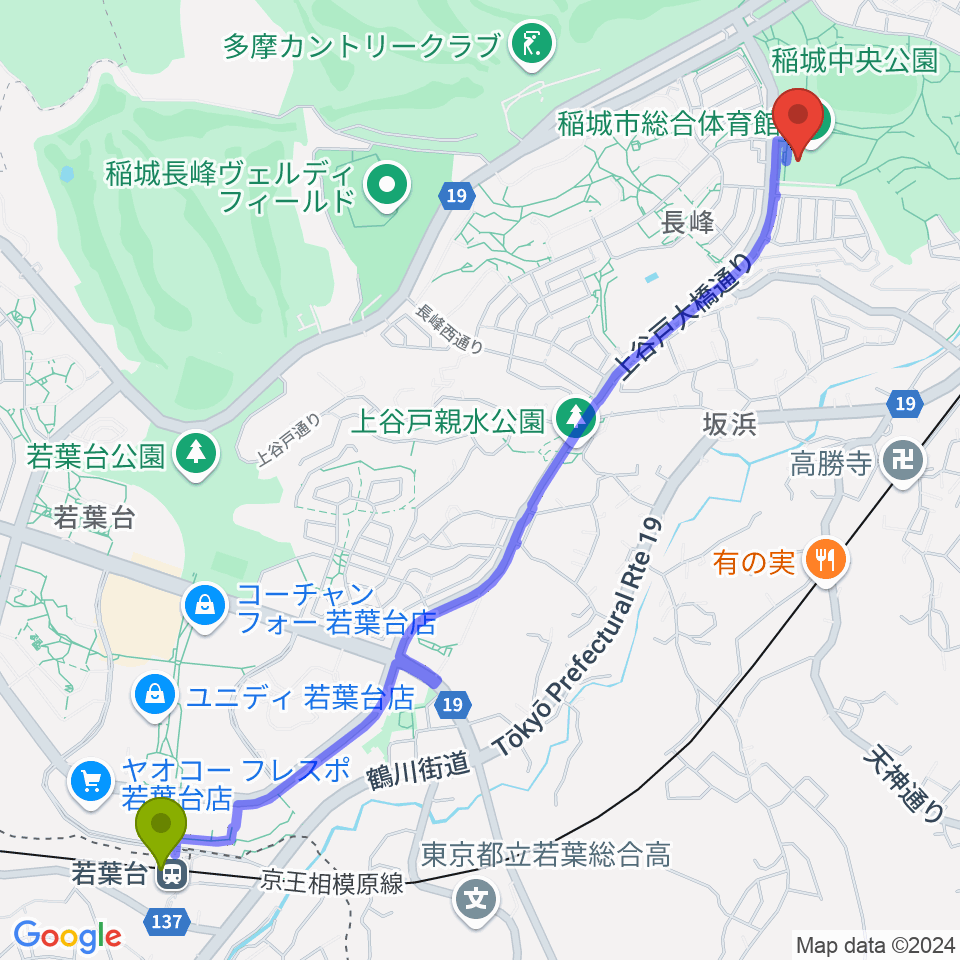 若葉台駅から稲城市総合体育館へのルートマップ地図