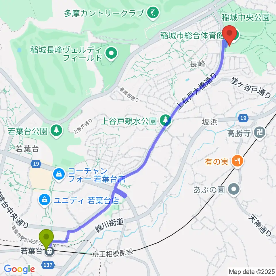 若葉台駅から野村不動産いなぎアリーナへのルートマップ地図