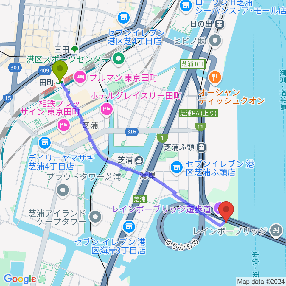 田町駅から芝浦南ふ頭公園運動広場へのルートマップ地図