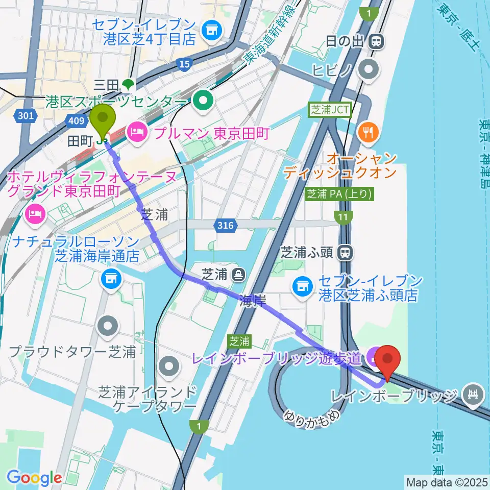 田町駅から芝浦南ふ頭公園運動広場へのルートマップ地図