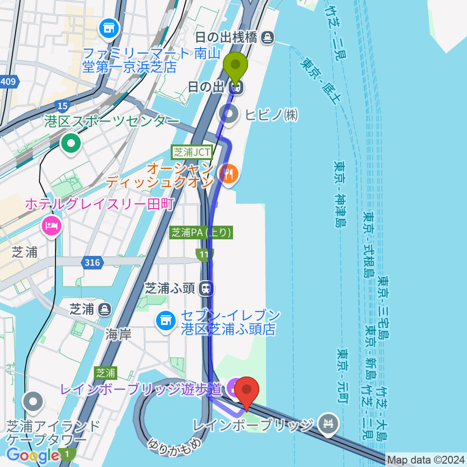 日の出駅から芝浦南ふ頭公園運動広場へのルートマップ地図