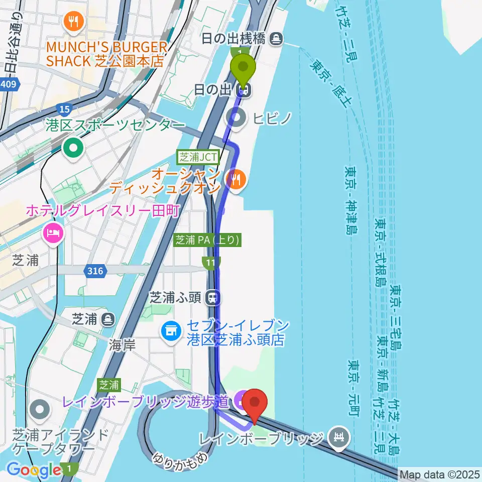 日の出駅から芝浦南ふ頭公園運動広場へのルートマップ地図