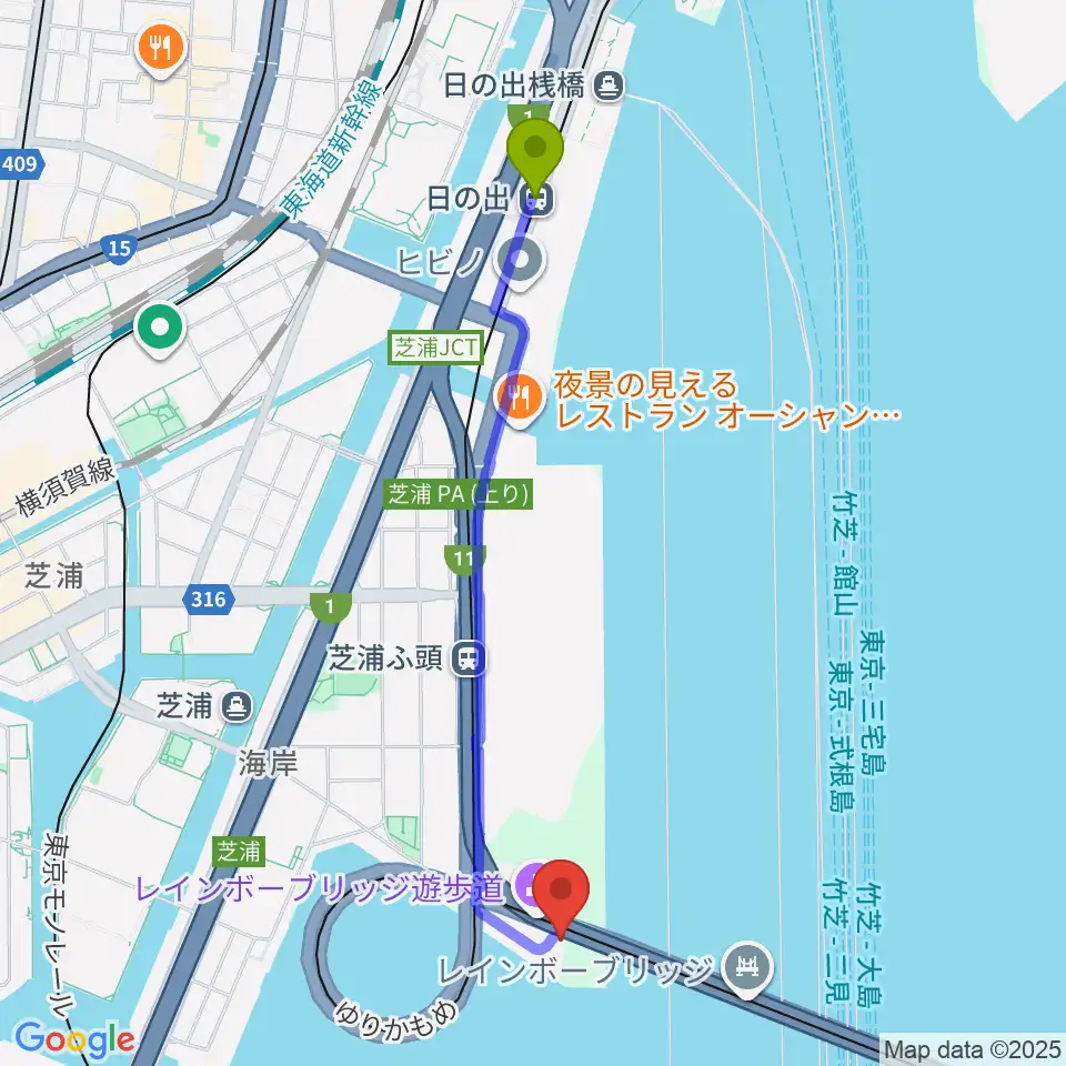 日の出駅から芝浦南ふ頭公園運動広場へのルートマップ地図