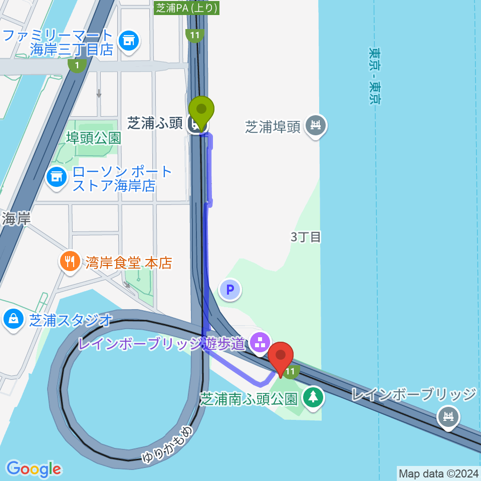 芝浦南ふ頭公園運動広場の最寄駅芝浦ふ頭駅からの徒歩ルート（約8分）地図