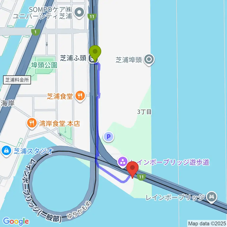 芝浦南ふ頭公園運動広場の最寄駅芝浦ふ頭駅からの徒歩ルート（約8分）地図