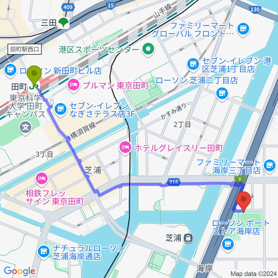 田町駅から埠頭少年野球場へのルートマップ地図