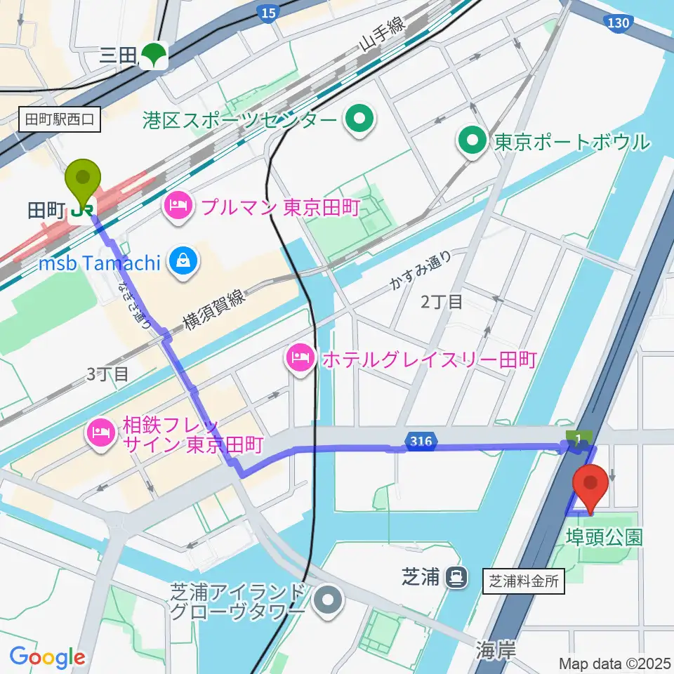田町駅から埠頭少年野球場へのルートマップ地図