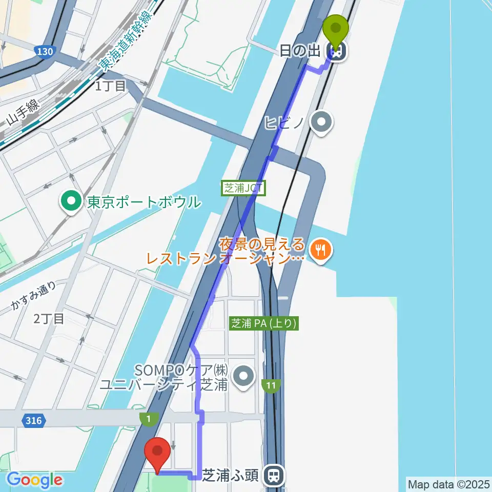 日の出駅から埠頭少年野球場へのルートマップ地図