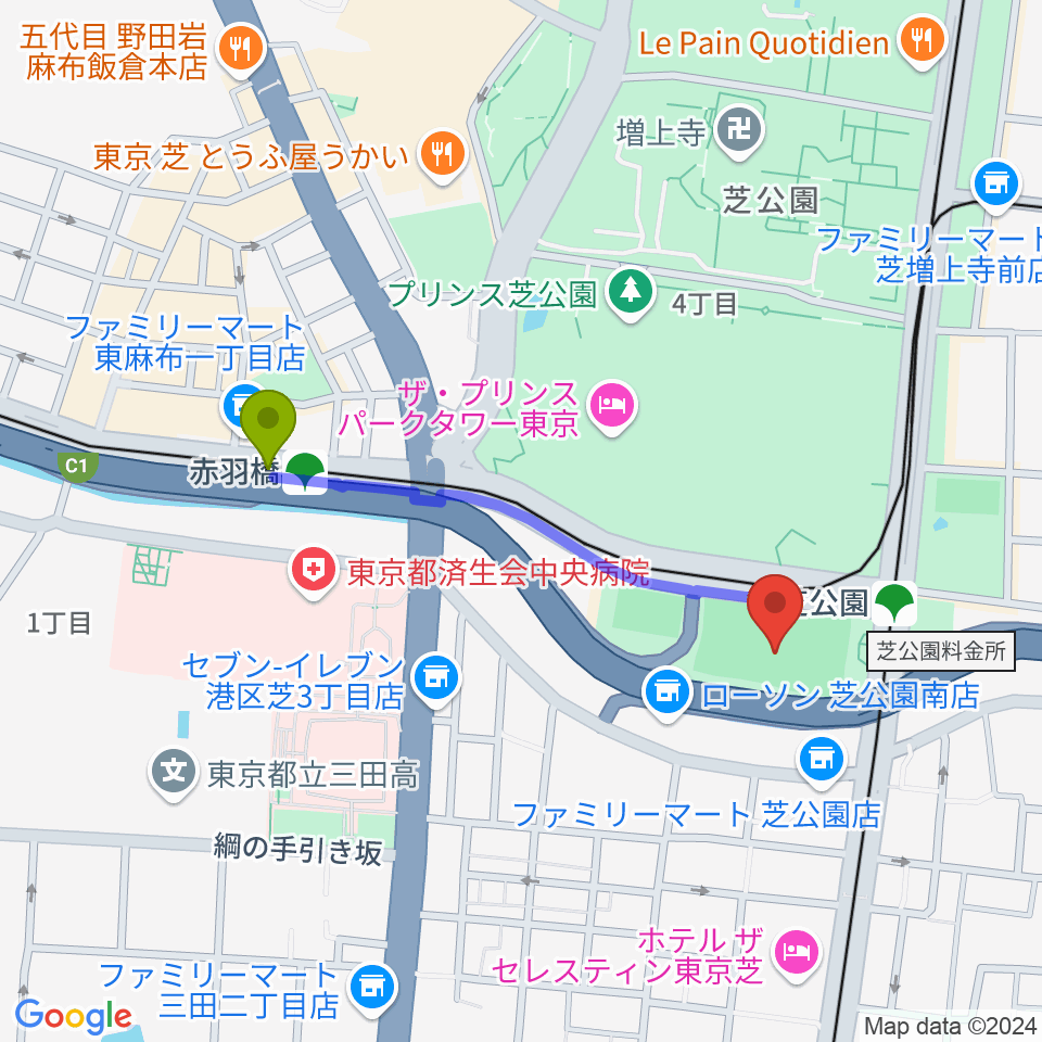 赤羽橋駅から芝公園野球場へのルートマップ地図