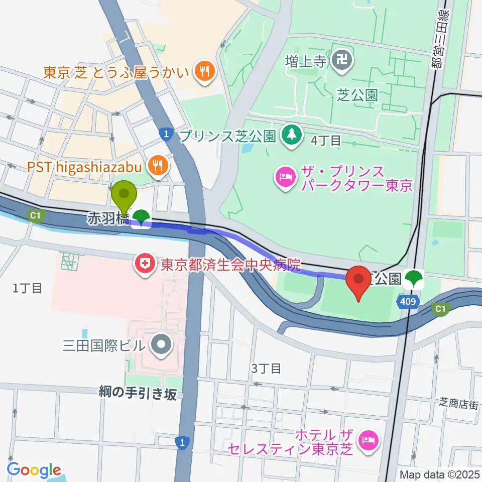 赤羽橋駅から芝公園野球場へのルートマップ地図