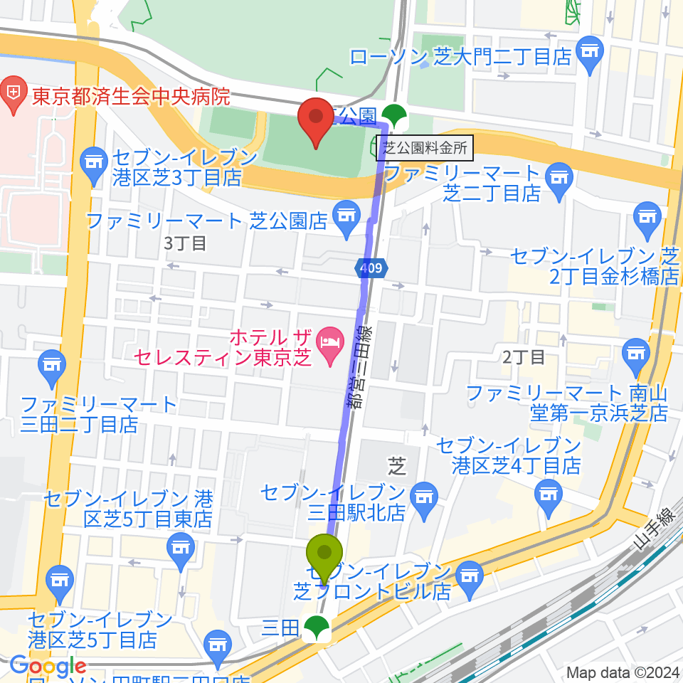 三田駅から芝公園野球場へのルートマップ地図