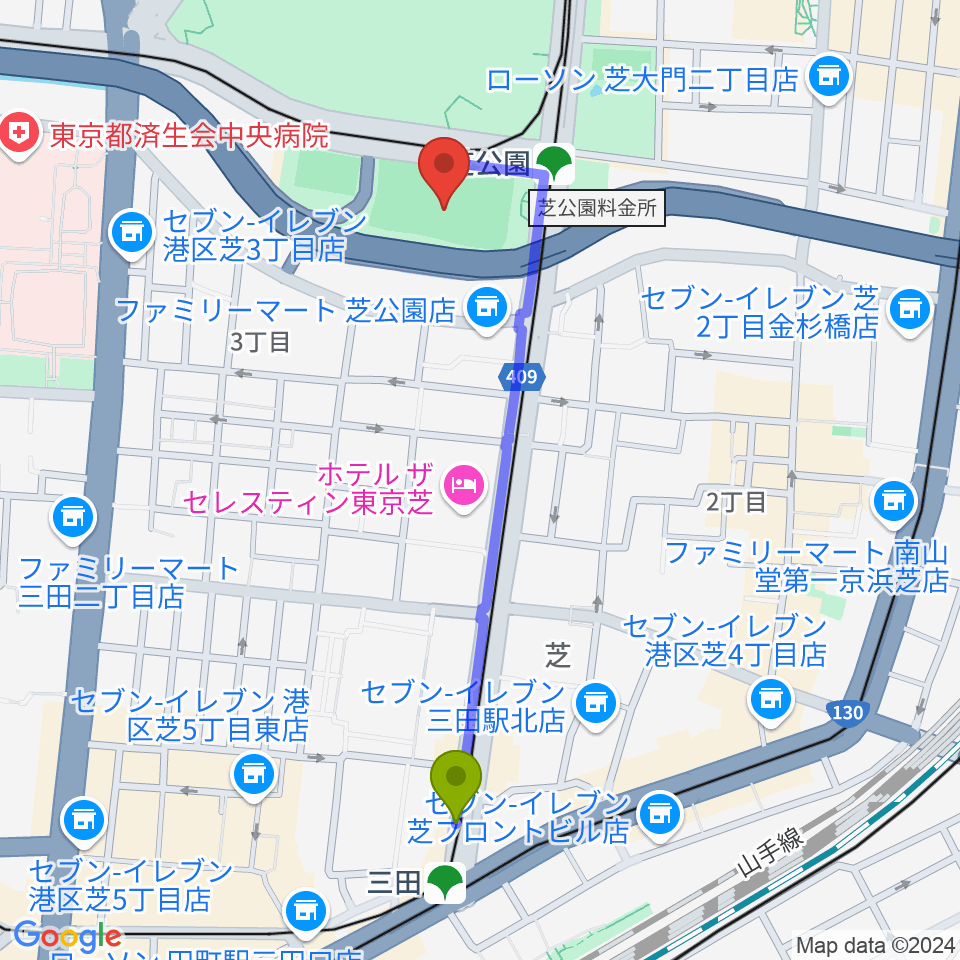 三田駅から芝公園野球場へのルートマップ地図