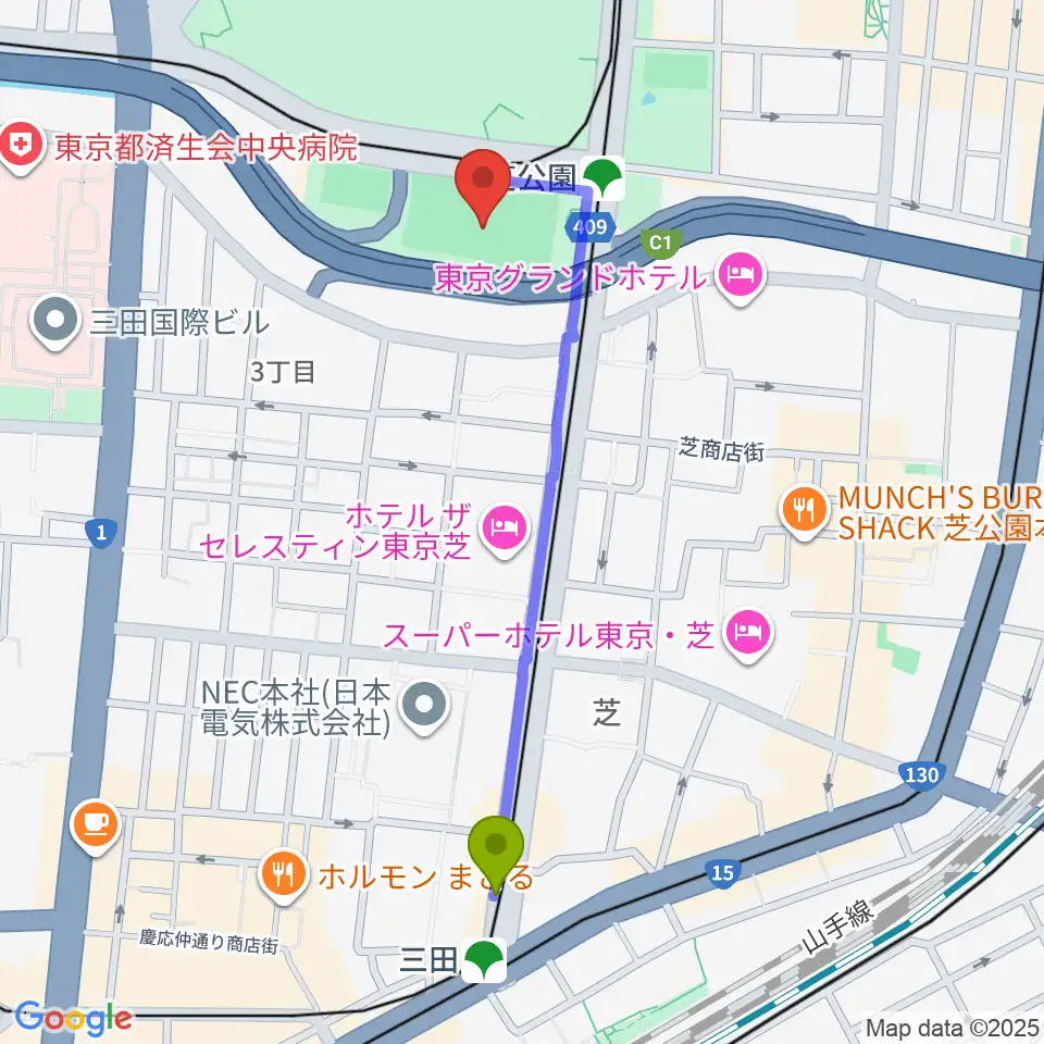 三田駅から芝公園野球場へのルートマップ地図