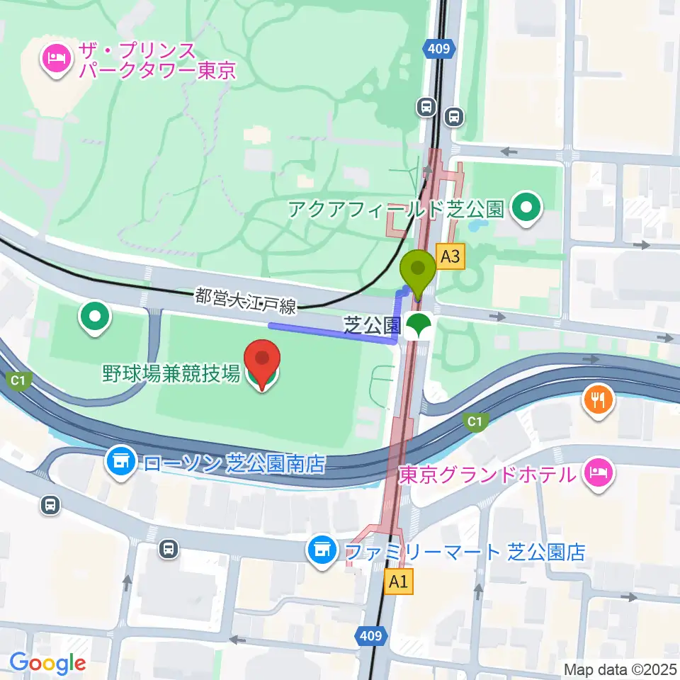 芝公園野球場の最寄駅芝公園駅からの徒歩ルート（約2分）地図