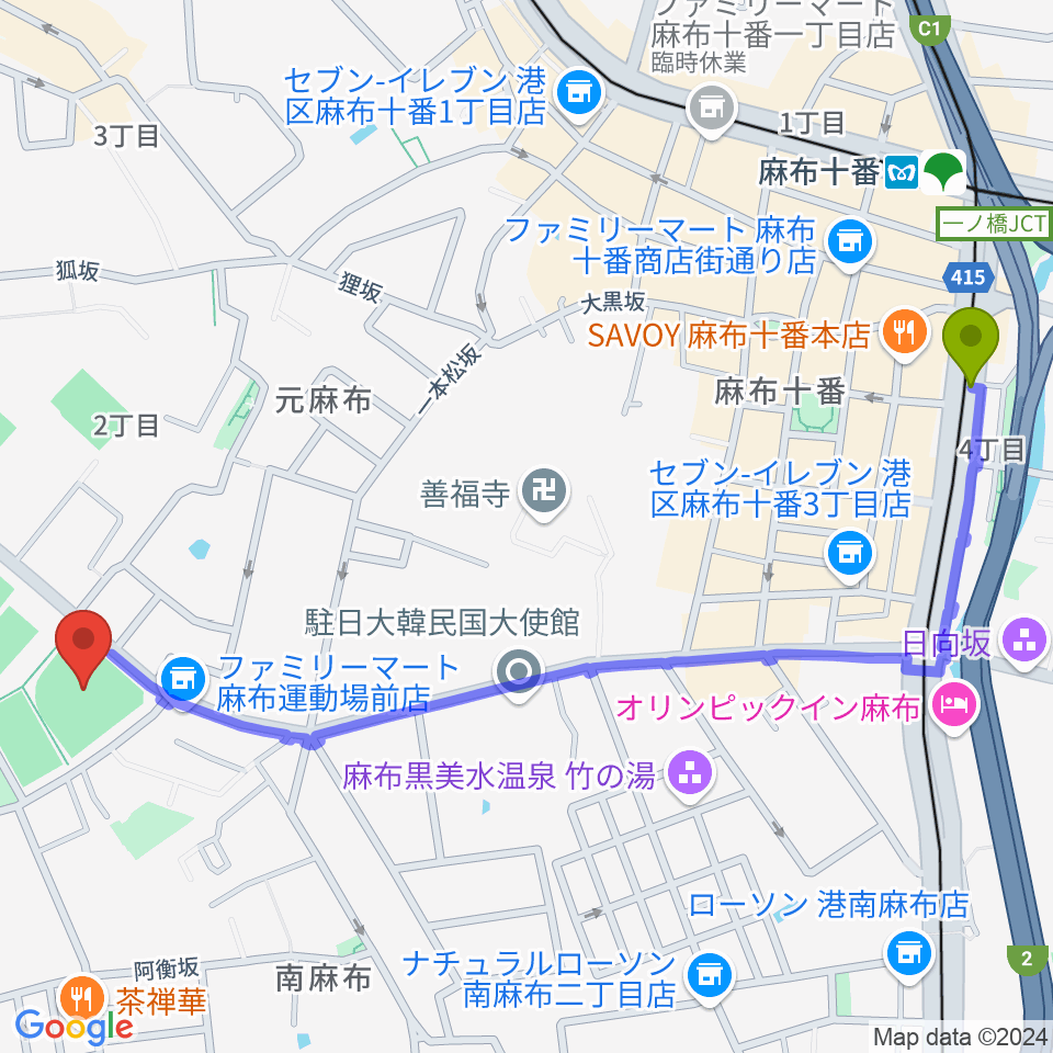 麻布十番駅から麻布運動場軟式野球場へのルートマップ地図