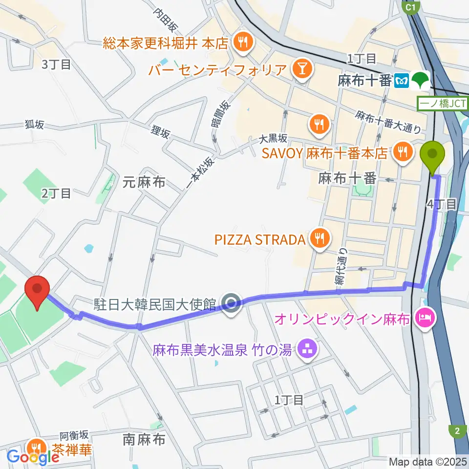 麻布十番駅から麻布運動場軟式野球場へのルートマップ地図