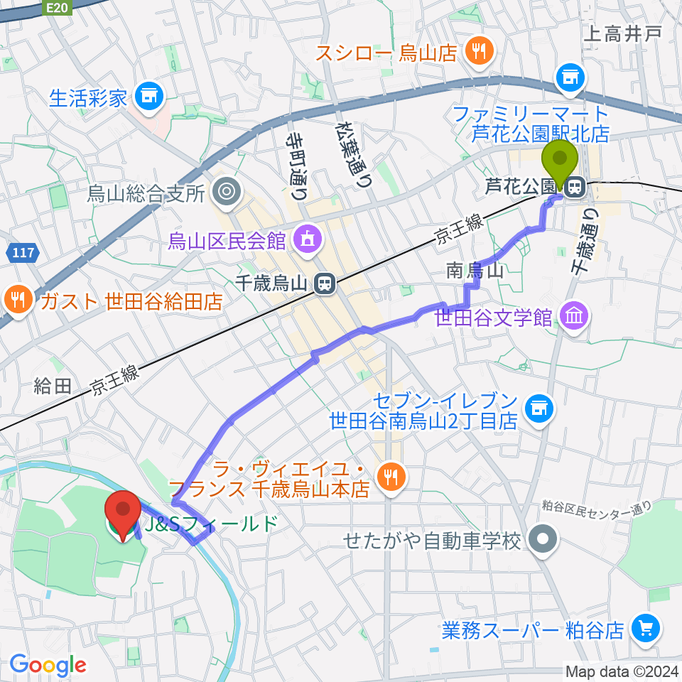 芦花公園駅からJ&Sフィールドへのルートマップ地図