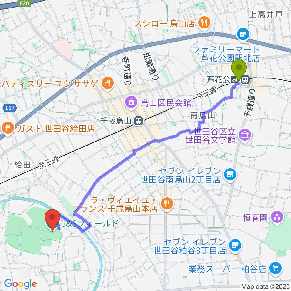 芦花公園駅からJ&Sフィールドへのルートマップ地図