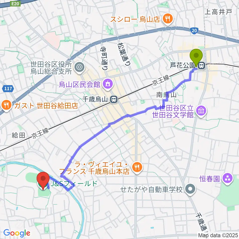 芦花公園駅からJ&Sフィールドへのルートマップ地図