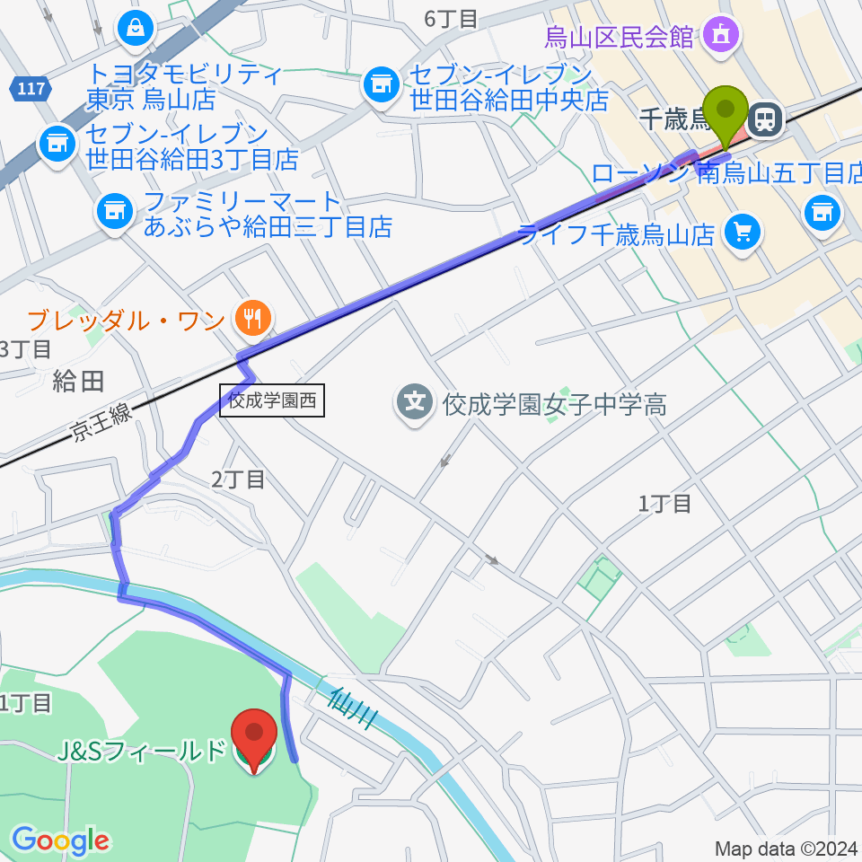 J&Sフィールドの最寄駅千歳烏山駅からの徒歩ルート（約14分）地図