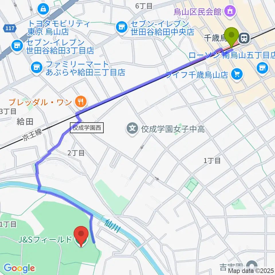 J&Sフィールドの最寄駅千歳烏山駅からの徒歩ルート（約14分）地図