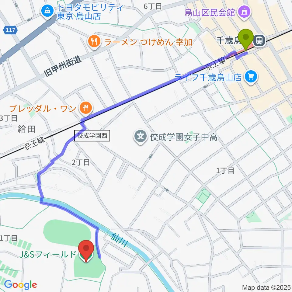 J&Sフィールドの最寄駅千歳烏山駅からの徒歩ルート（約14分）地図
