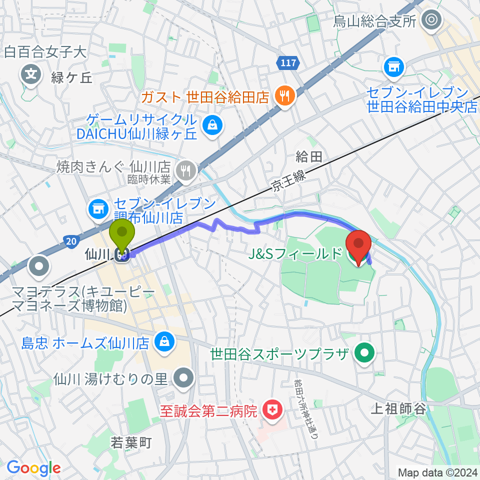 仙川駅からJ&Sフィールドへのルートマップ地図