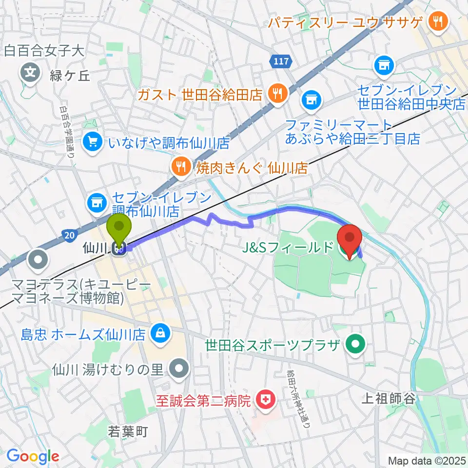 仙川駅からJ&Sフィールドへのルートマップ地図