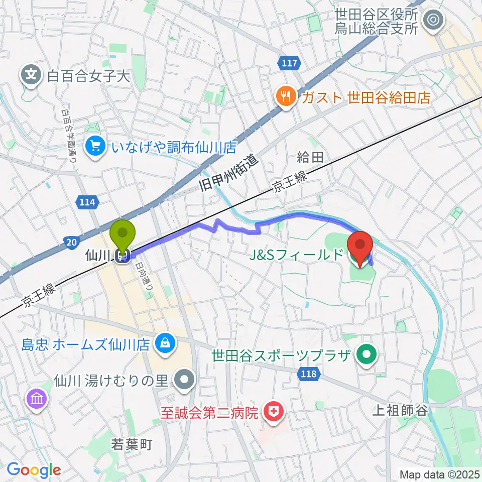 仙川駅からJ&Sフィールドへのルートマップ地図