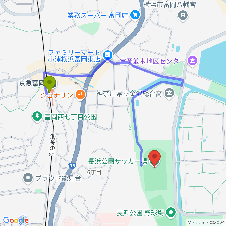 長浜公園サッカー場の最寄駅京急富岡駅からの徒歩ルート（約9分）地図