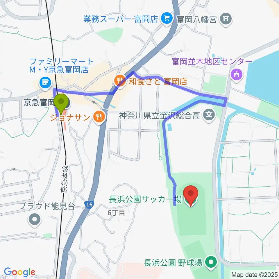 長浜公園サッカー場の最寄駅京急富岡駅からの徒歩ルート（約9分）地図