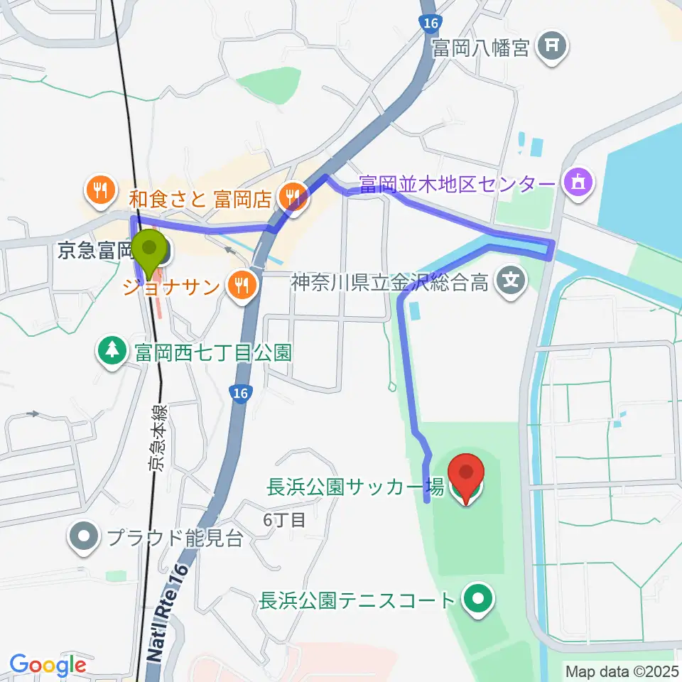 長浜公園サッカー場の最寄駅京急富岡駅からの徒歩ルート（約9分）地図