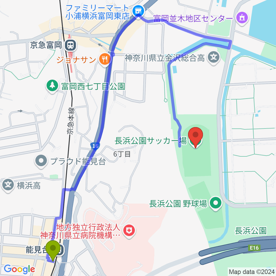 能見台駅から長浜公園サッカー場へのルートマップ地図